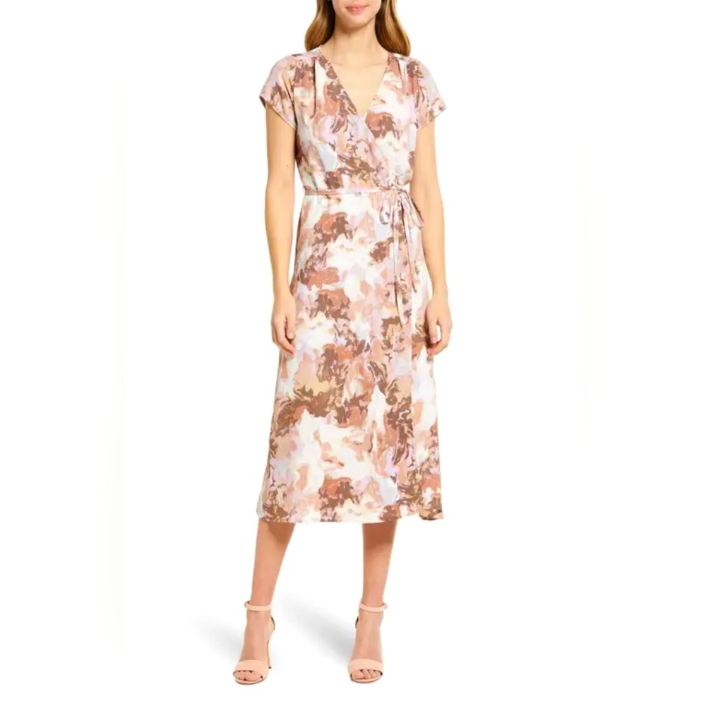 Halogen Short Sleeve Wrap Midi Dress - Beige- Purple Wax Paint